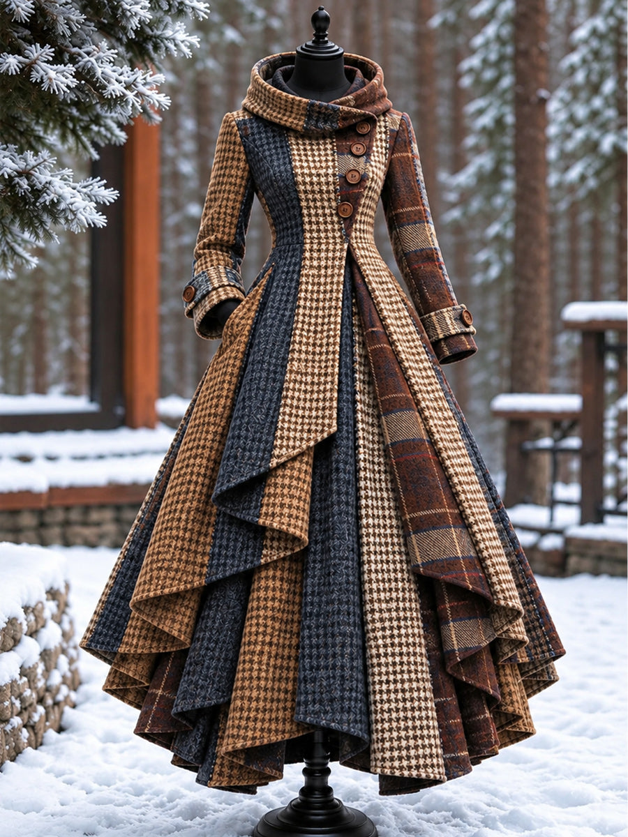 Women’s Vintage High-Collar Asymmetrical Double-Layer Hem Long Maxi Coat
